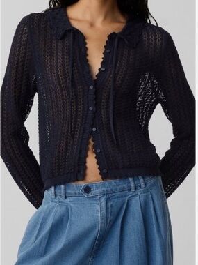 GAP x Doen Open-Knit Scallop-Edge Navy Cardigan Sweater